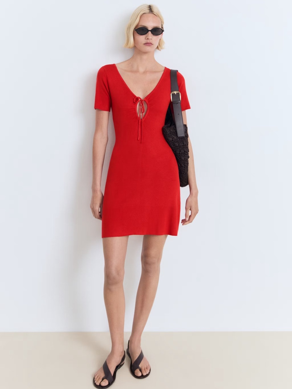Mango Red knitted dress with bow neckline NWT